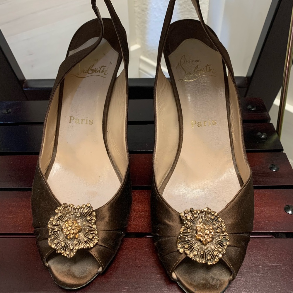 Christian Louboutin chocolate satin sling back